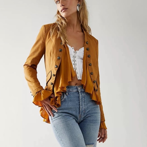 Free People Jackets & Blazers - Free People Ruffles Romance Jacket Military Style Blazer Ruffle Hem Open Front
